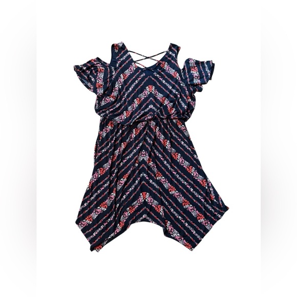 Maurice’s Cold Shoulder Navy Blue Pink Floral Midi Dress Shark bite Hem Sz 1X - Picture 3 of 7